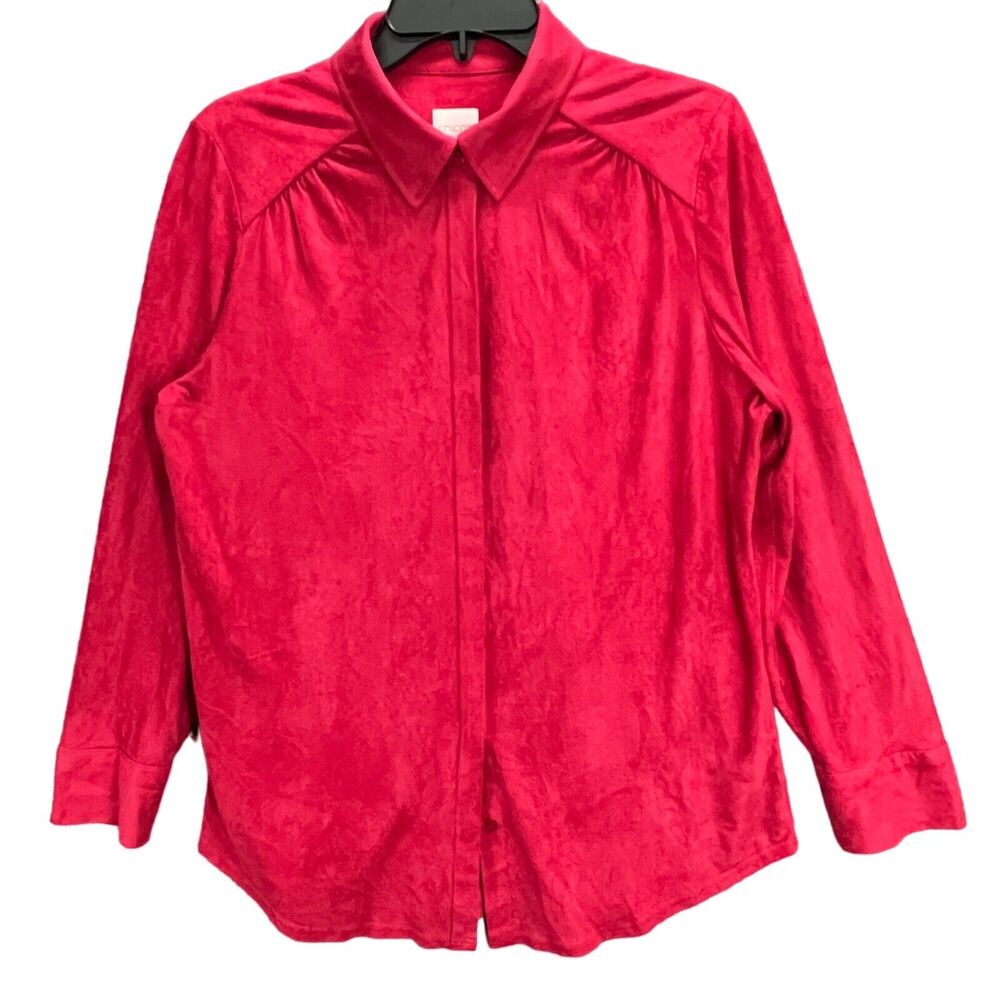 Chicos Shirt‎ Womens M Red Smooth Faux Suede Reza Long Sleeve Minimalist Classic